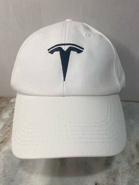 Tesla White Embroidered Logo Baseball Hat Dad Cap EUC Adjustable Metal Buckle